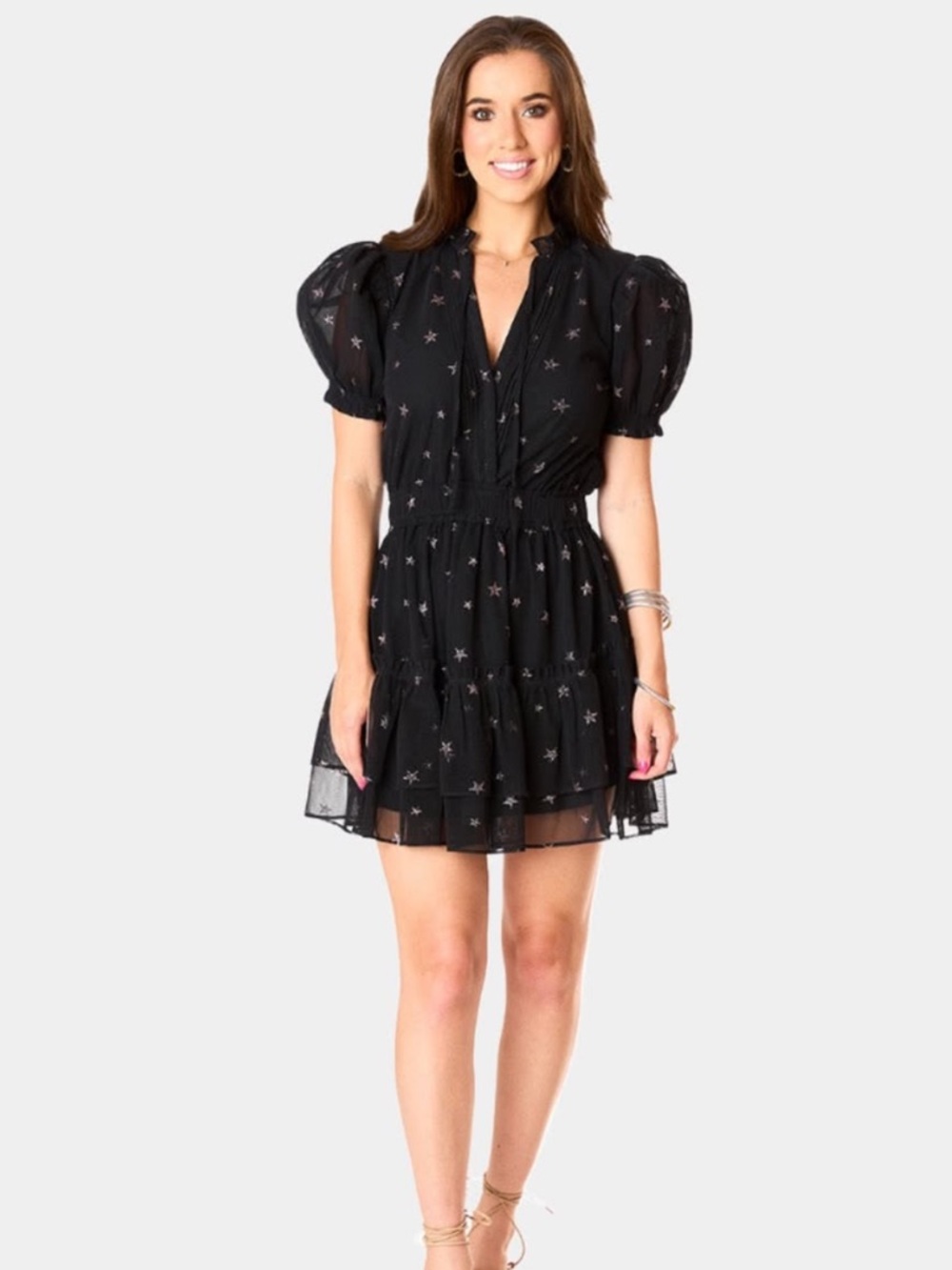 Buddy Love Clementine Mini Dress Comet Black Star Print Puff Sleeve, M, NWT - Picture 2 of 5
